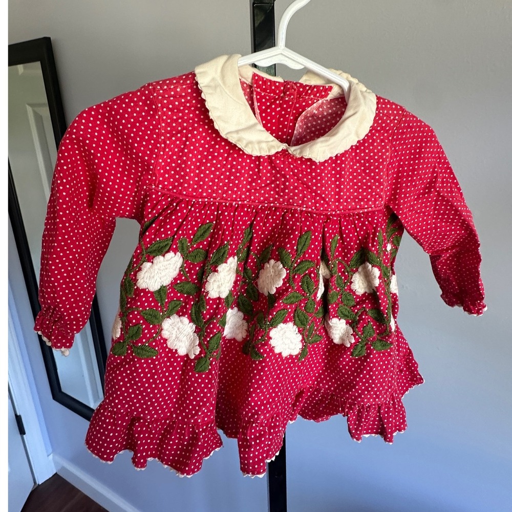 Vintage‎ Red Polka Dot Dress Embroidered Floral Ruffle Hem Girls Toddler - Picture 2 of 4